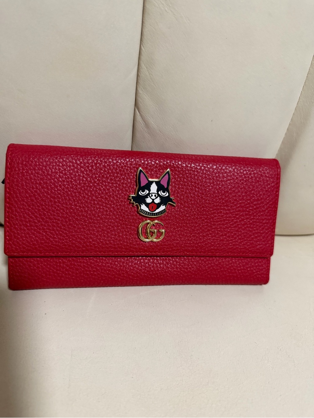 Gucci Red Leather Continental Wallet with Cat Patch and Gold Double G - Picture 7 of 10
